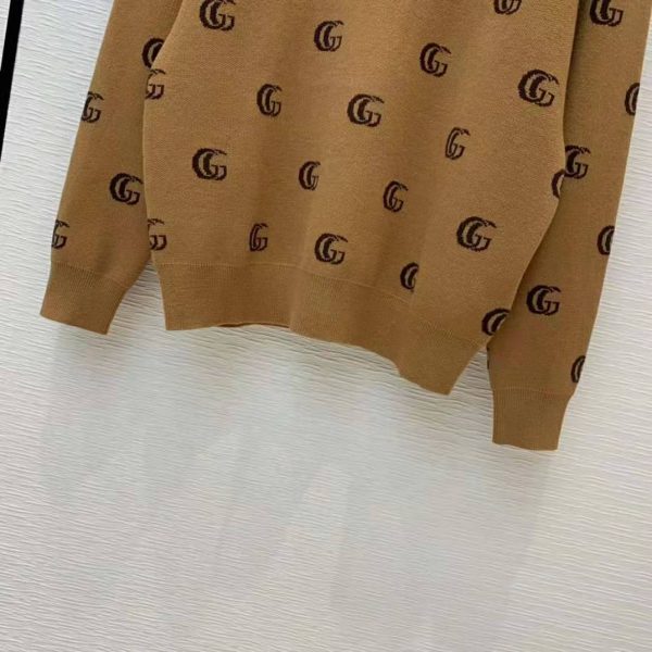 Gucci Men Double G Jacquard Wool V-Neck Sweater Camel and Brown (5)