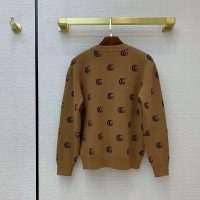 Gucci Men Double G Jacquard Wool V-Neck Sweater Camel and Brown