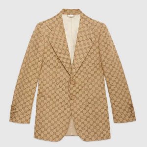 Gucci Men GG Canvas Jacket Camel/Ebony GG Cotton Canvas Full Canvas Construction