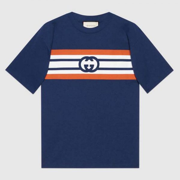 Gucci Men Interlocking G Stripe Print T-Shirt Cotton Jersey Crewneck Oversize Fit-Navy (12)