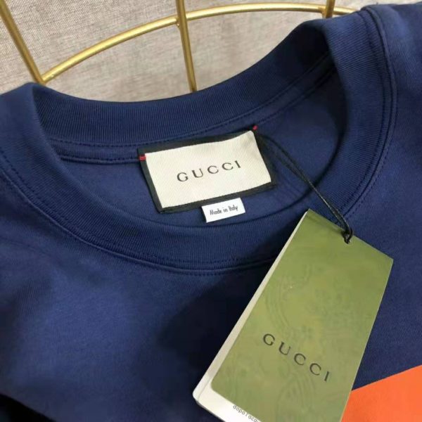 Gucci Men Interlocking G Stripe Print T-Shirt Cotton Jersey Crewneck Oversize Fit-Navy (6)