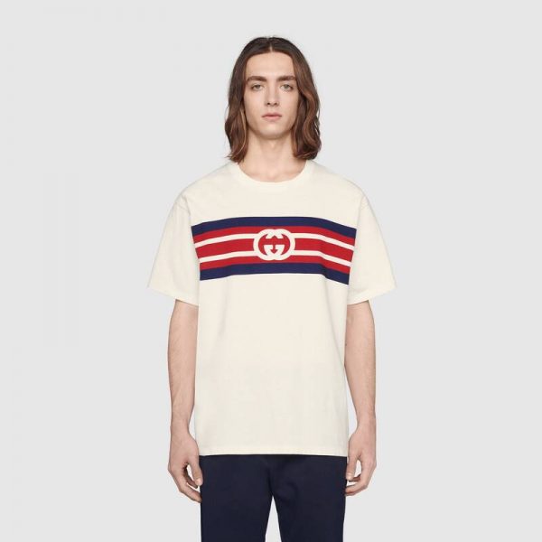 Gucci Men Interlocking G Stripe Print T-Shirt Cotton Jersey Crewneck Oversize Fit-White (15)