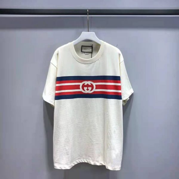 Gucci Men Interlocking G Stripe Print T-Shirt Cotton Jersey Crewneck Oversize Fit-White (4)