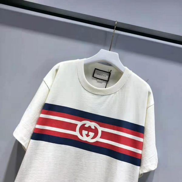 Gucci Men Interlocking G Stripe Print T-Shirt Cotton Jersey Crewneck Oversize Fit-White (5)