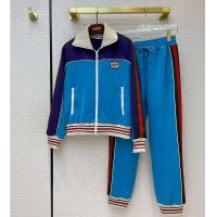 Gucci Men Technical Jersey Zip-Up Jacket with Web Interlocking G-Blue