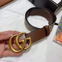 Gucci Unisex GG Belt with Double G Buckle 4 cm Width GG Supreme Brown Leather