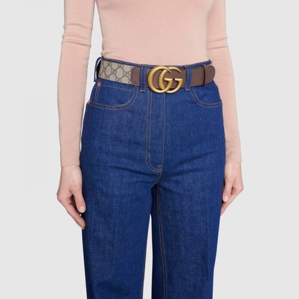 Gucci Unisex GG Belt with Double G Buckle 4 cm Width GG Supreme Brown Leather (10)