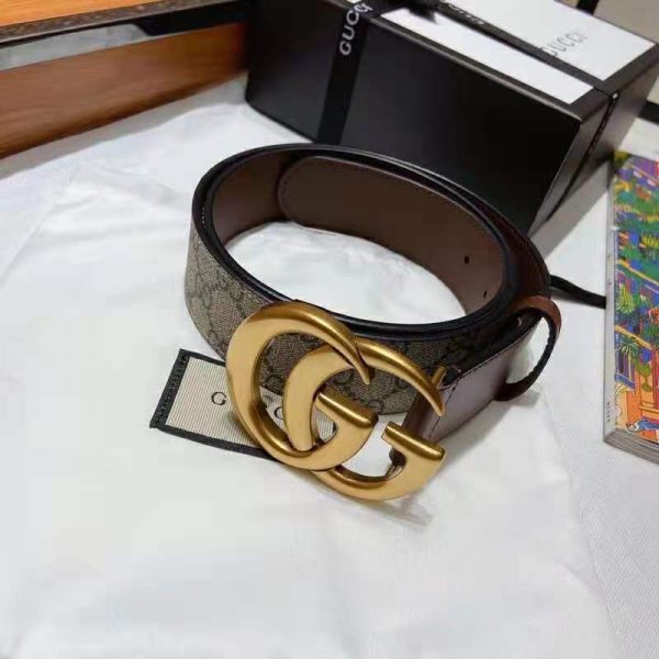 Gucci Unisex GG Belt with Double G Buckle 4 cm Width GG Supreme Brown Leather (11)