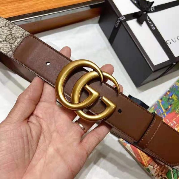 Gucci Unisex GG Belt with Double G Buckle 4 cm Width GG Supreme Brown Leather (4)
