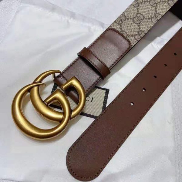 Gucci Unisex GG Belt with Double G Buckle 4 cm Width GG Supreme Brown Leather (5)