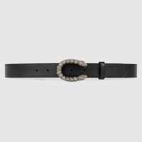 Gucci Unisex GG Leather Belt with Crystal Dionysus Buckle 2.5 cm Width Black Leather