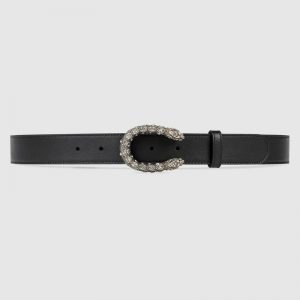 Gucci Unisex GG Leather Belt with Crystal Dionysus Buckle 2.5 cm Width Black Leather