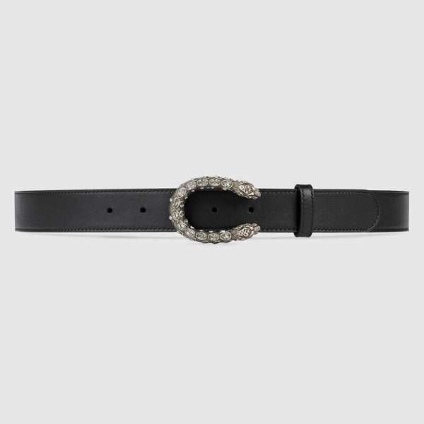 Gucci Unisex GG Leather Belt with Crystal Dionysus Buckle 2.5 cm Width Black Leather