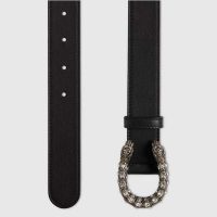 Gucci Unisex GG Leather Belt with Crystal Dionysus Buckle 2.5 cm Width Black Leather
