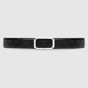 Gucci Unisex Gucci Signature Leather Belt Rectangular Buckle 4 cm Width-Black