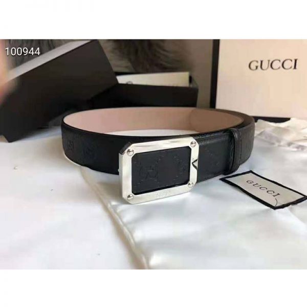 Gucci Unisex Gucci Signature Leather Belt Rectangular Buckle 4 cm Width-Black (6)