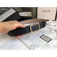 Gucci Unisex Gucci Signature Leather Belt Rectangular Buckle 4 cm Width-Black
