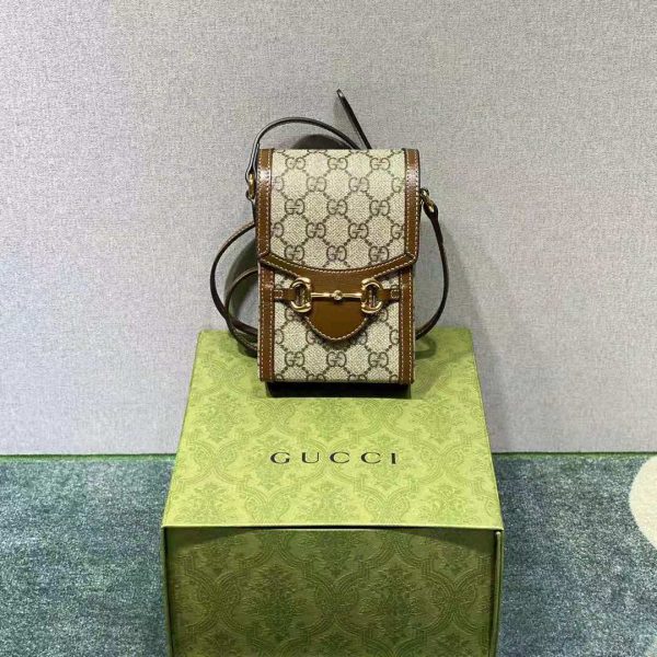 Gucci Unisex Horsebit 1955 Mini Bag Beige and Ebony GG Supreme Canvas (13)
