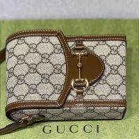 Gucci Unisex Horsebit 1955 Mini Bag Beige and Ebony GG Supreme Canvas