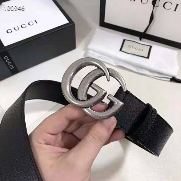 Gucci Unisex Leather Belt with Double G Buckle 4 cm Width-Black (1)