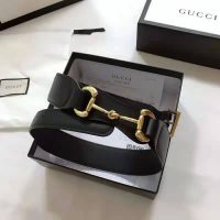 Gucci Unisex Leather Belt with Horsebit 4 cm Width Black Smooth Leather