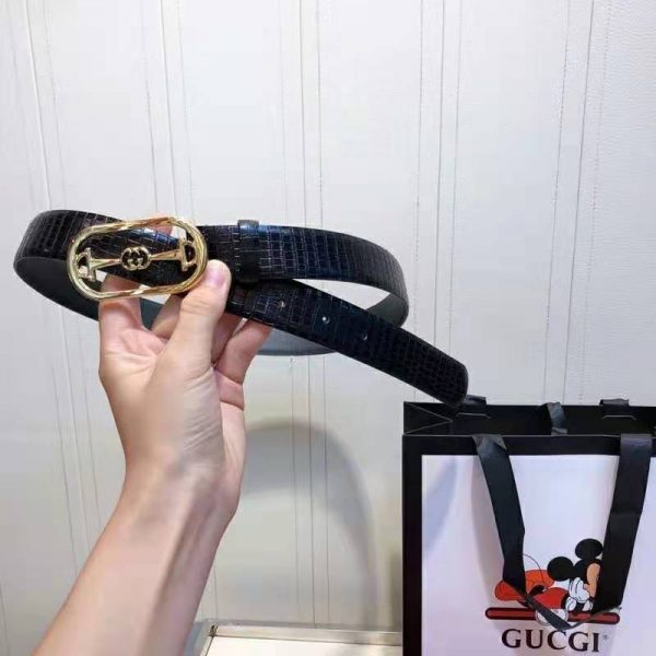 Gucci Unisex Lizard Belt with Interlocking G Horsebit Buckle 2.5 cm Width Black Lizard (7)