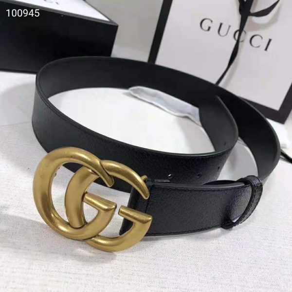 Gucci Unisex Wide Leather Belt with Double G Buckle 4 cm Width-Black (5)