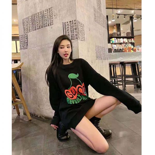 Gucci Women Beverly Hills Cherry Print Sweatshirt Cotton Jersey Crewneck Puff Sleeves-Black (1)