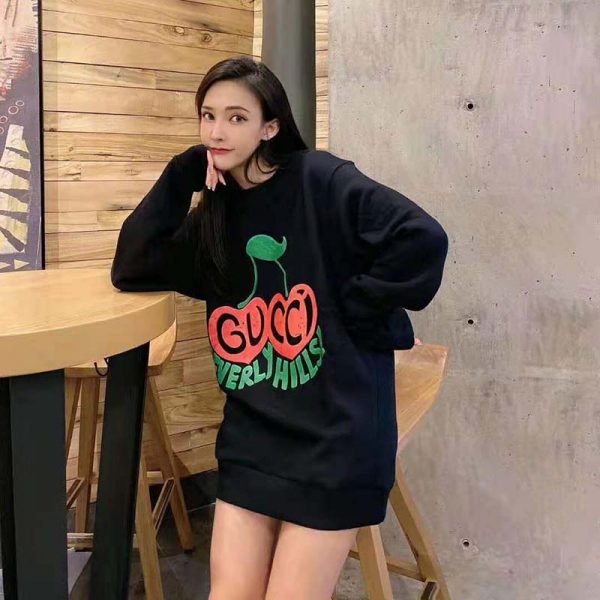 Gucci Women Beverly Hills Cherry Print Sweatshirt Cotton Jersey Crewneck Puff Sleeves-Black (3)