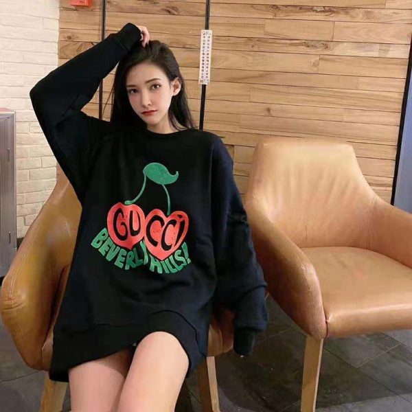 Gucci Women Beverly Hills Cherry Print Sweatshirt Cotton Jersey Crewneck Puff Sleeves-Black (4)