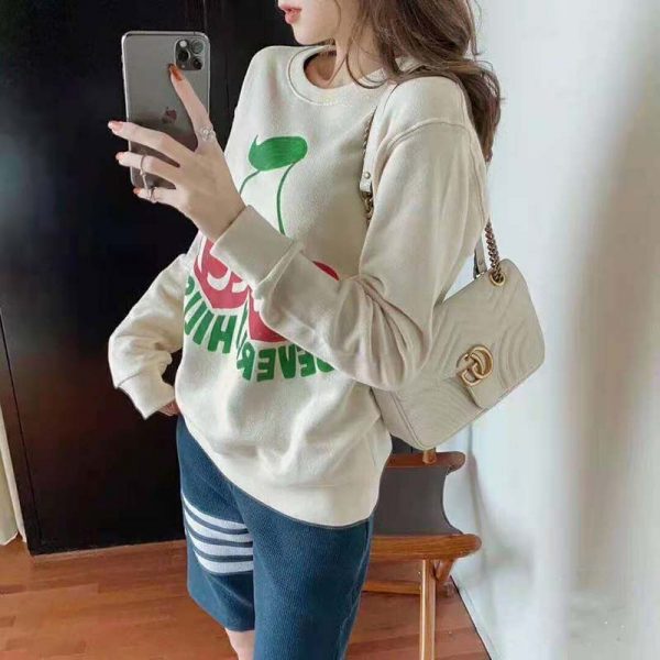 Gucci Women Beverly Hills Cherry Print Sweatshirt Cotton Jersey Crewneck Puff Sleeves-White (11)