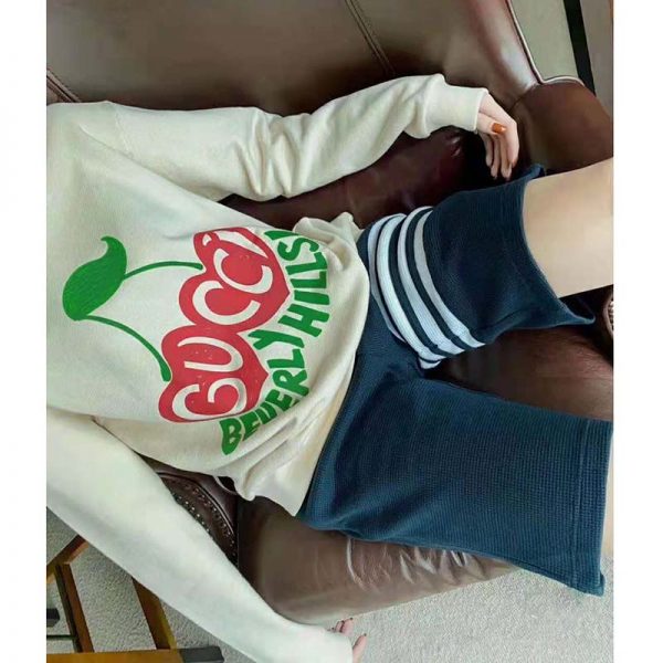 Gucci Women Beverly Hills Cherry Print Sweatshirt Cotton Jersey Crewneck Puff Sleeves-White (12)