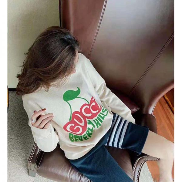 Gucci Women Beverly Hills Cherry Print Sweatshirt Cotton Jersey Crewneck Puff Sleeves-White (13)