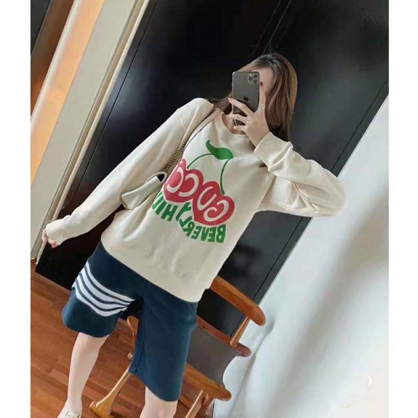 Gucci Women Beverly Hills Cherry Print Sweatshirt Cotton Jersey Crewneck Puff Sleeves-White (14)