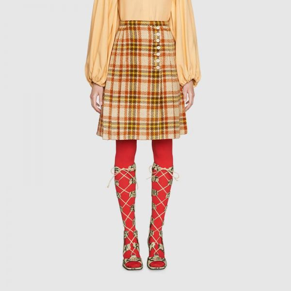 Gucci Women Check Wool Skirt with Horsebits Ivory Brown and Yellow Blend (1)