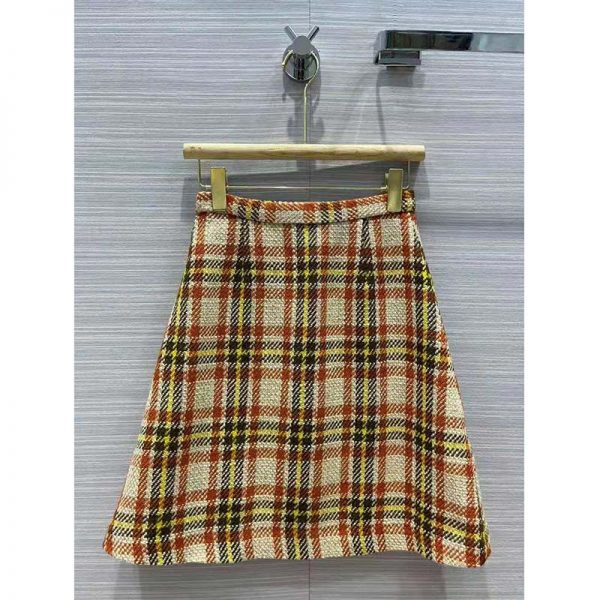 Gucci Women Check Wool Skirt with Horsebits Ivory Brown and Yellow Blend (14)