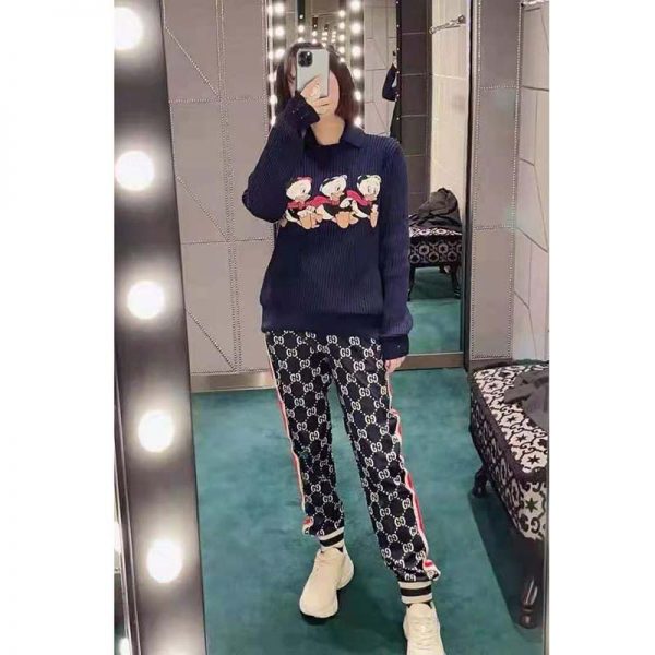 Gucci Women Disney x Gucci Donald Duck Cotton Wool Sweater Holes Crewneck Collar-Navy (2)