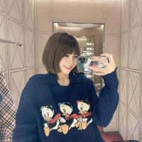 Gucci Women Disney x Gucci Donald Duck Cotton Wool Sweater Holes Crewneck Collar-Navy