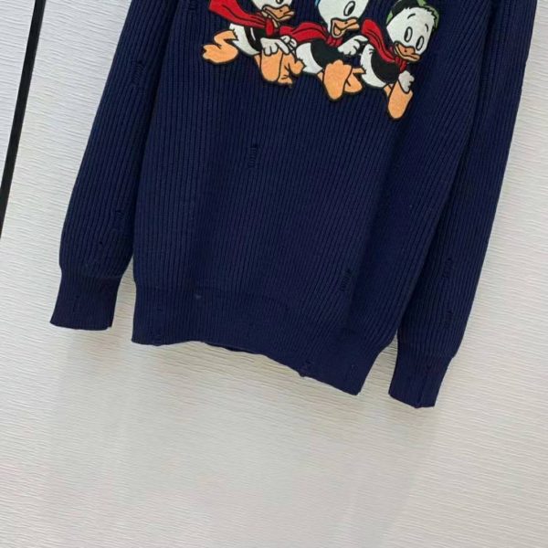 Gucci Women Disney x Gucci Donald Duck Cotton Wool Sweater Holes Crewneck Collar-Navy (9)
