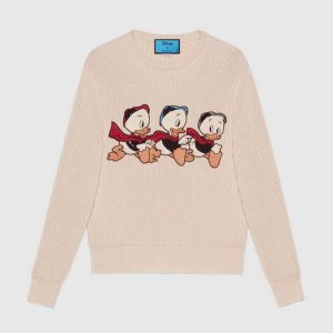 Gucci Women Disney x Gucci Donald Duck Cotton Wool Sweater Holes Crewneck Collar-White