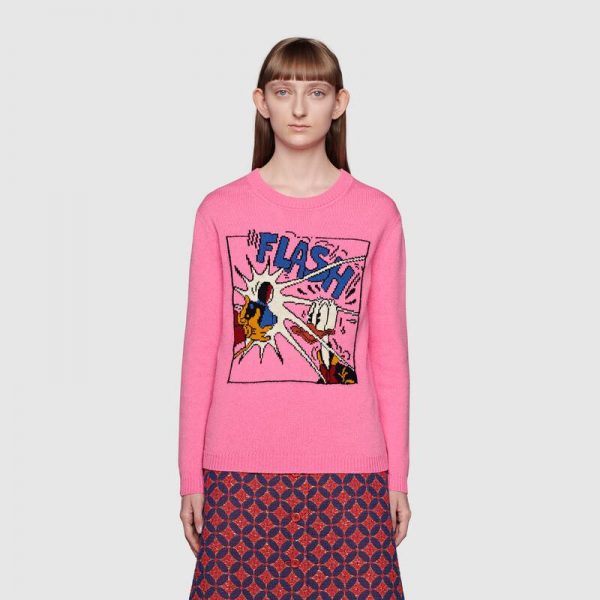 Gucci Women Disney x Gucci Donald Duck Wool Sweater Crew Neck-Pink (7)