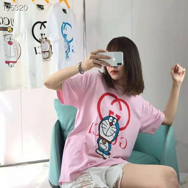 Gucci Women Doraemon x Gucci Cotton T-Shirt Pink Jersey Crewneck Oversize Fit (1)