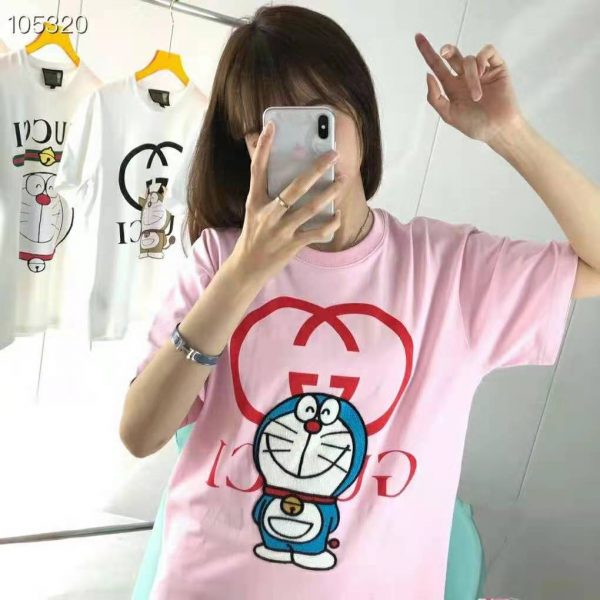 Gucci Women Doraemon x Gucci Cotton T-Shirt Pink Jersey Crewneck Oversize Fit (2)
