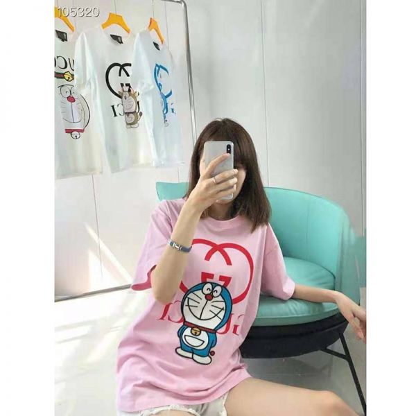 Gucci Women Doraemon x Gucci Cotton T-Shirt Pink Jersey Crewneck Oversize Fit (3)