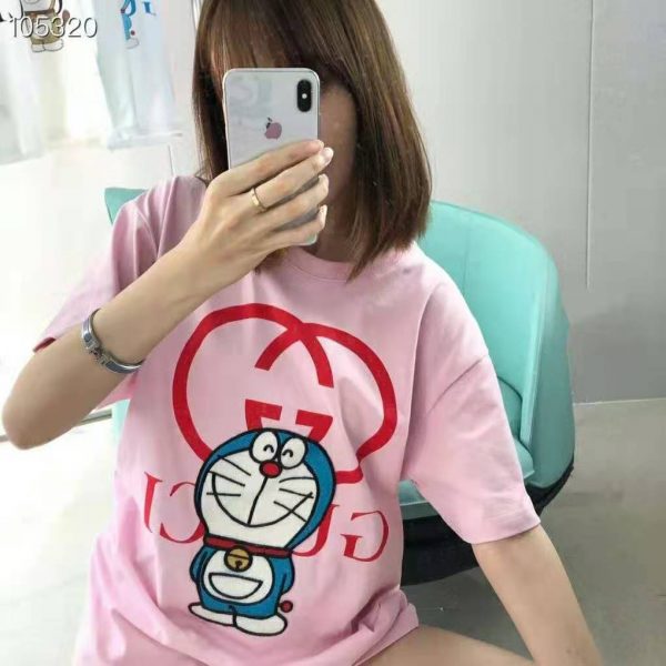 Gucci Women Doraemon x Gucci Cotton T-Shirt Pink Jersey Crewneck Oversize Fit (4)