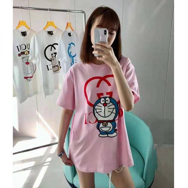Gucci Women Doraemon x Gucci Cotton T-Shirt Pink Jersey Crewneck Oversize Fit (8)