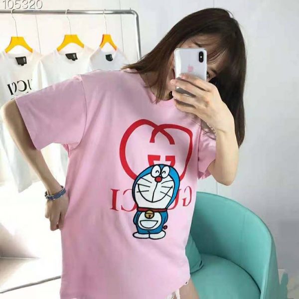 Gucci Women Doraemon x Gucci Cotton T-Shirt Pink Jersey Crewneck Oversize Fit (9)