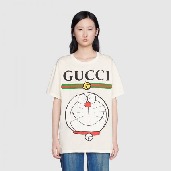 Gucci Women Doraemon x Gucci Cotton T-shirt Ivory Jersey Crewneck Oversize Fit (3)
