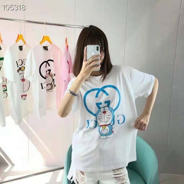 Gucci Women Doraemon x Gucci Oversize T-Shirt Ivory Cotton Jersey Crewneck-Blue (6)