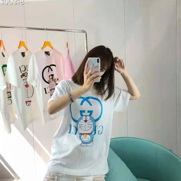 Gucci Women Doraemon x Gucci Oversize T-Shirt Ivory Cotton Jersey Crewneck-Blue (8)